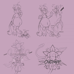 anthro belly butt chomp claws deep_navel fangs fur growth hair half-closed_eyes long_tongue male narrowed_eyes navel nude open_mouth oral_vore overweight overweight_anthro overweight_male plant plant_vore size_difference slightly_chubby slightly_chubby_anthro slightly_chubby_male soft_vore solo sound_effects standing tail teeth text tongue tongue_out vore whiskers wide_eyed scudmum maz_(scudmum) felid mammal pantherine tiger 1:1 2026 comic hi_res