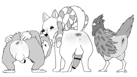 ambiguous_gender animal_genitalia animal_penis anus avian_butt balls canine_genitalia canine_penis censor_bar cloaca erection feral genitals group ineffective_censorship knot looking_at_viewer looking_back male male/ambiguous male/male penis presenting raised_tail simple_background tail tail_anus white_background manmosu_marimo hoozuki_no_reitetsu kakisuke_(hoozuki_no_reitetsu) rurio_(hoozuki_no_reitetsu) shiro_(hoozuki_no_reitetsu) avian bird canid canine canis chicken domestic_dog galliform haplorhine mammal monkey phasianid primate 2020 censored greyscale monochrome