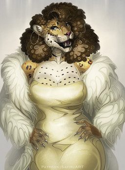 4_fingers afro anthro big_breasts biped black_body black_claws black_eyebrows black_fur black_markings black_spots blue_eyes breasts brown_hair cheek_tuft chin_tuft claws cleavage cleavage_overflow clothed clothed_anthro clothed_female clothing coat collarbone dark_hair dark_markings dress ear_piercing ear_ring evening_gown eyebrows eyelashes facial_tuft fangs female finger_claws fingers front_view fully_clothed fur fur_coat fur_tuft glistening glistening_claws glistening_clothing glistening_dress glistening_eyes glistening_hair gold_dress golden_clothing grey_background hair hands_on_hips hands_on_own_hips head_turned hoop_ear_ring humanoid_hands iris legs_together light_body light_fur long_eyelashes long_whiskers looking_at_viewer markings medium_hair multicolored_body multicolored_breasts multicolored_fur off_shoulder open_mouth open_smile piercing pose pupils purple_nose purple_tongue ring_piercing simple_background smile smiling_at_viewer solo spots spotted_body spotted_breasts spotted_chest spotted_face spotted_fur spotted_neck spotted_shoulders standing tan_body tan_fur teeth text thick_thighs tongue topwear tuft two_tone_breasts whiskers white_body white_clothing white_coat white_fur white_inner_ear white_sclera white_topwear white_whiskers wide_hipped_anthro wide_hipped_female wide_hips safiru felid jaguar mammal pantherine 2025 artist_name digital_drawing_(artwork) digital_media_(artwork) hi_res portrait three-quarter_portrait yellow_theme