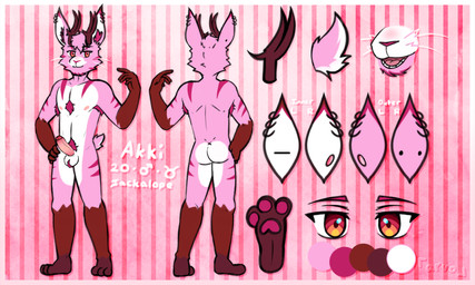 anthro antlers armpit_hair armpit_tuft ball_tuft balls belly big_ears body_hair brown_antlers brown_arms brown_body brown_fur brown_legs brown_paws butt chest_hair chest_tuft ear_piercing ear_tuft erection eyebrows facial_hair foreskin front_view fur gauged_ear gender_symbol genitals glans hair horn inner_ear_fluff male male_anthro markings nipples nude nude_anthro nude_male open_mouth pattern_background pawpads paws penis piercing pink_background pink_body pink_ears pink_fur pink_hair pink_nipples pink_penis pubes rear_view red_body red_eyebrows red_eyes red_fur red_glans red_inner_ear_fluff red_nose red_pawpads ring_piercing scut_tail short_tail simple_background slim slim_anthro slim_male solo stated_age stated_gender striped_background striped_markings stripes symbol tail teeth text tongue tuft unretracted_foreskin whiskers white_balls white_belly white_body white_chest white_fur white_inner_ear zodiac_symbol arvo_(artist) akki_(arvo) jackalope lagomorph leporid mammal rabbit 2026 5:3 digital_drawing_(artwork) digital_media_(artwork) flat_colors hi_res model_sheet
