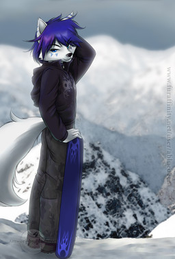 anthro biped black_nose blue_eyes blue_hair bottomwear camo camo_bottomwear camo_clothing camo_pants camo_print clothed clothing detailed_background eyebrow_through_hair eyebrows fluffy fluffy_tail footwear fully_clothed fur hair hand_behind_head jacket looking_at_viewer looking_back male mountain outside pants pattern_bottomwear pattern_clothing pattern_pants rear_view shoes short_hair snow snowboard solo tail text topwear translucent translucent_hair white_body white_fur white_tail abluedeer arctic_fox canid canine fox mammal true_fox 2019 digital_media_(artwork) hi_res url