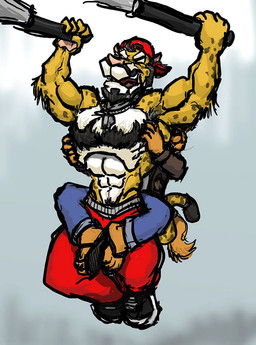 abs anthro backwards_hat beard black_beard black_facial_hair black_tail_tip blue_bottomwear blue_clothing blue_pants body_hair bottomwear chest_hair clothing dipstick_tail duo exercise eyes_closed facial_hair flip_flops footwear fur hat headgear headwear laugh legs_around_waist male markings muscular muscular_anthro muscular_male open_mouth open_smile orange_body orange_fur pants red_bottomwear red_clothing red_hat red_headwear red_pants sandals shirtless_anthro shirtless_male shoes smile spots spotted_body spotted_fur tail tail_markings tickle_fetish tickling tickling_armpits wearing_hat whistle_(object) whistle_around_neck white_body white_fur yellow_body yellow_fur kctk cheetah domestic_cat felid feline felis mammal