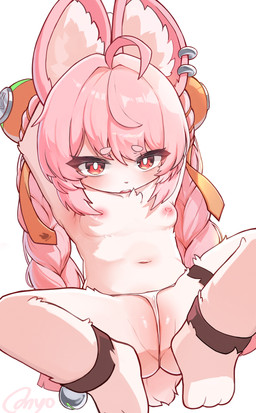 ahoge anthro braided_hair breasts clothed clothing female female_anthro fur hair loli long_hair male navel nipples open_mouth panties pigtails pink_body pink_fur pink_hair raised_arms red_eyes small_breasts solo twin_braids underwear underwear_only white_clothing white_panties white_underwear young omyo mihoyo zenless_zone_zero zhao_(zenless_zone_zero) lagomorph mammal thiren 2026 absurd_res hi_res adult_(lore)