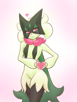 anthro anthrofied biped blush breast_curtains breasts cape clothing eyebrows eyelashes featureless_crotch female female_anthro fur gesture gesturing_at_viewer green_body green_fur green_hair green_mask hair happy heart_gesture heart_symbol looking_at_viewer mask mouth_closed pink_eyes pokemorph simple_background small_breasts smile solo spread_arms standing text vignette white_background additionalespeon333 nintendo pokemon felid feline generation_9_pokemon mammal meowscarada pokemon_(species) 2026 3:4 absurd_res artist_name colored digital_drawing_(artwork) digital_media_(artwork) hi_res portrait shaded