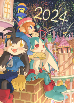 anthro black_body black_fur blue_clothing blue_shirt blue_topwear blush bottomwear clothing fireworks footwear fur gloves green_body green_fur group handwear holidays kemono male night open_mouth red_clothing red_eyes red_footwear red_shoes red_sneakers shirt shoes shorts sitting sneakers topwear trio yellow_clothing yellow_eyes yellow_gloves yellow_handwear young young_anthro young_male amber_graygamma bandai_namco klonoa_(series) new_year new_year_2024 king_of_sorrow klonoa lolo_(klonoa) 2023 hi_res