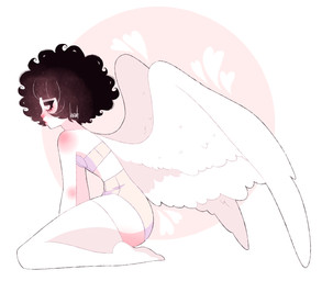 ambiguous_gender bangs black_hair blush bra clothing curly_hair curvy_figure eye_waterline eyelashes feathered_wings feathers hair kneeling legwear not_furry panties pear-shaped_figure simple_background solo thigh_highs underwear wide_hips wings dreamalgia ash_kinoshita angel angel_humanoid humanoid winged_humanoid absurd_res digital_media_(artwork) hi_res light_theme nonbinary_(lore)
