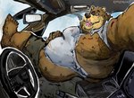 anthro belly big_belly black_eye_(injury) blood bodily_fluids brown_body brown_fur bruised car claws clothed clothing fur hand_on_belly inside_car inside_vehicle male mirror moobs nipples nosebleed obese obese_anthro obese_male open_mouth open_smile overweight overweight_anthro overweight_male rearview_mirror sitting smile solo steering_wheel teeth toe_claws tongue torn_clothing vehicle wounded aokamidu bear brown_bear mammal ursine