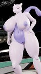 anthro big_breasts breasts breasts_apart female genitals glistening glistening_body glistening_skin hand_on_hip huge_breasts looking_at_viewer looking_back looking_back_at_viewer male nipples nude nude_anthro nude_female pokemorph purple_nipples pussy solo tail thick_thighs white_body wide_hips itmy09 yamayza nintendo pokemon generation_1_pokemon humanoid legendary_pokemon mammal mewtwo pokemon_(species) 3d_(artwork) 9:16 absurd_res digital_media_(artwork) hi_res