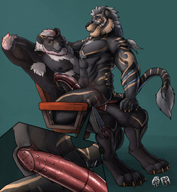abdominal_bulge anal anal_penetration animal_genitalia animal_penis anthro anthro_on_anthro anthro_penetrated anthro_penetrating anthro_penetrating_anthro armpit_hair black_body black_fur black_nipples black_pawpads black_sclera blue_eyes body_hair brown_pawpads chair chest_hair cutaway duo equine_genitalia equine_penis fur furniture genitals grey_hair hair hand_behind_head humanoid_genitalia humanoid_penis hybrid_genitalia hybrid_penis internal male male/male male_anthro male_penetrated male_penetrating male_penetrating_male medial_ring mouth_closed muscular muscular_anthro muscular_male narrowed_eyes nipples nude office_chair on_chair open_mouth open_smile orange_eyes pawpads penetration penile penile_penetration penile_spines penis penis_in_ass red_penis sex simple_background sitting sitting_on_chair smile tail tail_tuft teal_background translucent translucent_body tuft white_hair hufnaar felid lion mammal pantherine 2023 dated hi_res
