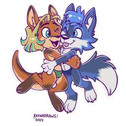 anthro blonde_hair blue_body blue_fur blue_hair brown_body brown_fur bulge chest_tuft chibi claws clothed clothing dipstick_tail duo feet fingers fur hair hug inner_ear_fluff male markings open_mouth simple_background smile tail tail_markings tapering_tail toes tongue tuft underwear underwear_only white_background keenadraws canid canine canis fox hybrid kangaroo macropod mammal marsupial wolf 1:1 2024 absurd_res digital_drawing_(artwork) digital_media_(artwork) full-length_portrait hi_res portrait sketch