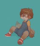 anthro blue_background blush brown_body brown_fur brown_hair clean_diaper clothed clothing diaper diaper_under_clothing eyewear footwear fur glasses hair male markings overalls ring_(marking) ringed_tail shoes simple_background sneakers solo striped_markings striped_tail stripes tail tail_markings wearing_diaper young young_anthro skidoo mammal procyonid raccoon digital_media_(artwork) hi_res