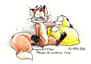 3_toes 4_fingers anthro candy clenched_teeth constricted_pupils countershade_torso countershading dessert digitigrade dipstick_ears dipstick_tail ear_markings featureless_crotch feet fingers floating_eyebrows food fur gloves_(marking) holding_food holding_object leg_markings long_tail male markings marshmallow micro_anthro micro_male motion_lines multicolored_ears nude orange_body orange_fur pawpads pupils shaking simple_background sitting small_pupils socks_(marking) solo sugar_high tail tail_markings teeth text toes whiskers white_background wide_eyed eric_schwartz peeps amarim canid canine fox mammal 2002 artist_name crayon_(artwork) english_text mixed_media pen_(artwork) traditional_media_(artwork)
