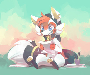 ambiguous_gender anthro black_nose blue_eyes brush cheek_tuft container cup digitigrade facial_tuft feet fur handpaw head_tuft hindpaw notched_ear orange_body orange_fur paintbrush paws pencil_in_mouth sitting smile snout solo tail tuft white_body white_fur yellow_inner_ear yassui ailurid mammal red_panda 2014 digital_media_(artwork) digital_painting_(artwork) full-length_portrait painting_(artwork) portrait shaded