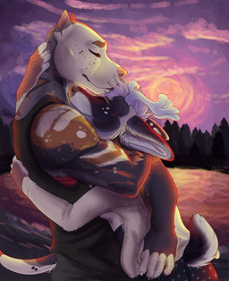 anthro antlers clothing cropped_ears duo eyes_closed female female/female horn hug muscular muscular_female outside plant romantic romantic_couple shirt short_tail smile spots sunset tail tank_top topwear tree quillan_(artist) quillan blue_merle canid canine canis deer domestic_dog mammal new_world_deer pit_bull reindeer hi_res
