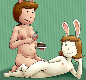 anthro blind breasts cake casual_nudity clitoris dessert disability duo female flat_chested food genitals kneeling loli lying nipples nude on_side open_mouth open_smile pose seiza sitting smile vulva young young_anthro young_female sin-sational sr arthur_(series) marina_datillo mrs._datillo lagomorph leporid mammal rabbit absurd_res hi_res