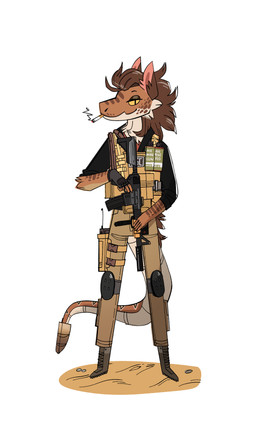 anthro assault_rifle boots brown_body brown_fur bulletproof_vest cigarette claws clothing combat_boots countershading electronics finger_claws fingerless_gloves footwear fur gloves gun half-closed_eyes handwear knee_pads looking_at_viewer male military_uniform narrowed_eyes radio ranged_weapon rifle rolled_up_sleeves shoes simple_background solo uniform walkie-talkie weapon white_background white_body white_countershading cocadope fallout microsoft erkadurk hybrid night_stalker_(fallout) absurd_res hi_res