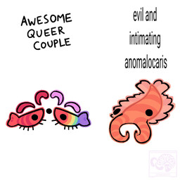 ambiguous_gender feral group innocence lgbt_pride pride_colors text toony trio omnicshrimp lgbt_pride_month anomalocarid anomalocaris aquatic arthropod crustacean prehistoric_species shrimp 1:1 english_text meme
