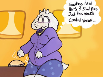 anthro bottomwear clothed clothed_anthro clothed_female clothing ellipsis emanata embarrassed eyewear female food fur glasses heart_necklace hungry jewelry looking_back mature_female necklace overweight overweight_female pastry pie purple_bottomwear purple_clothing purple_eyewear purple_glasses purple_topwear rectangular_glasses rumbling_stomach skirt solo tail text thought_bubble topwear wearing_glasses white_body white_fur white_tail springy_ness deltarune undertale_(series) toriel bovid caprine goat mammal english_text shaded soft_shading