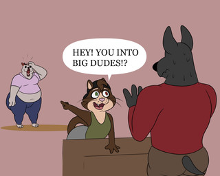 anthro backwards_baseball_cap backwards_hat baseball_cap bent_over big_butt black_body black_clothing black_ears black_eyes black_fur black_hat black_headwear black_nose black_tail blue_bottomwear blue_clothing blue_pants bodily_fluids bottomwear brown_body brown_bottomwear brown_clothing brown_ears brown_fur brown_hair brown_nose brown_pants brown_shirt brown_tail brown_topwear butt clothed clothing dialogue exclamation_point fangs fur gesture green_clothing green_eyes green_shirt green_tank_top green_topwear grey_bottomwear grey_clothing grey_leggings grey_legwear group hair hand_gesture hat headgear headwear heterochromia huge_butt interrobang leggings legwear looking_at_another male moobs multicolored_body multicolored_fur nervous obese obese_anthro obese_male overweight overweight_anthro overweight_male pants pink_clothing pink_nose pink_shirt pink_t-shirt pink_topwear pointing pointing_at_another question question_mark rear_view red_eyes sharp_teeth shirt shocked speech_bubble standing sweat t-shirt tail tank_top teeth text thick_thighs three-quarter_view tongue topwear trio two_tone_body two_tone_fur whiskers colossalstars bradford_(colossalstars) skylar_lows_(colossalstars) canid canine canis domestic_cat domestic_dog felid feline felis mammal 2025 5:4 digital_media_(artwork) english_text hi_res