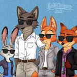 anthro clothing eyewear female glasses group jacket male male/female movie_reference predator/prey sequel ship topwear vehicle watercraft hatakeclarissarts disney dreamworks the_bad_guys zootopia diane_foxington judy_hopps mr._wolf_(the_bad_guys) nick_wilde canid canine canis european_rabbit fox lagomorph leporid mammal northwestern_wolf oryctolagus rabbit red_fox true_fox wolf 1:1 digital_drawing_(artwork) digital_media_(artwork) hi_res