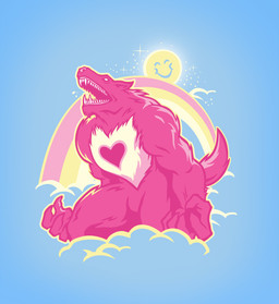 ambiguous_gender anthro cloud empty_eyes heart_symbol nude pink_body rainbow rainbow_arch smile snarling solo sun tail teeth winterartwork mythology canid canine canis mammal mythological_canine mythological_creature werecanid werecanine werecreature werewolf wolf
