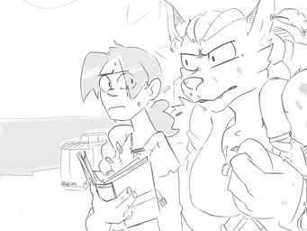 age_difference anthro barrel big_female book clothed clothing dreadlocks duo ear_piercing ear_ring feather_ear_ring female hair male older_female piercing ponytail ring_piercing seaside simple_background size_difference stare tension younger_male spinater blizzard_entertainment warcraft cackle gnoll human humanoid hyena mammal 4:3 monochrome