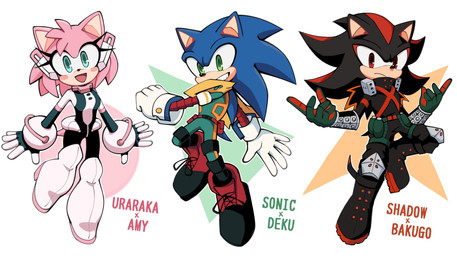 anthro black_body blue_body bodysuit boots breasts clothing cosplay crossover_cosplay eyelashes female footwear gloves green_eyes group handwear male pink_body red_eyes shoes skinsuit smile tight_clothing trio twixei0 my_hero_academia sega sonic_the_hedgehog_(series) amy_rose izuku_midoriya katsuki_bakugou ochaco_uraraka shadow_the_hedgehog sonic_the_hedgehog eulipotyphlan hedgehog mammal 2026 crossover hi_res