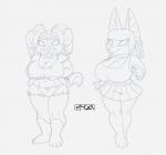 2019 anthro anubian_jackal big_breasts bottomwear bracelet breasts canid canine canis chibi cleavage clothed clothing duo ear_piercing female hands_on_hips hyena inner_ear_fluff jackal jenna_kutu jewelry kencougr looking_at_viewer mammal midriff monochrome navel piercing pigtails sahri_(kencougr) shirt shorts simple_background skirt smile spotted_hyena standing thick_thighs tongue tongue_out topwear tuft wide_hips