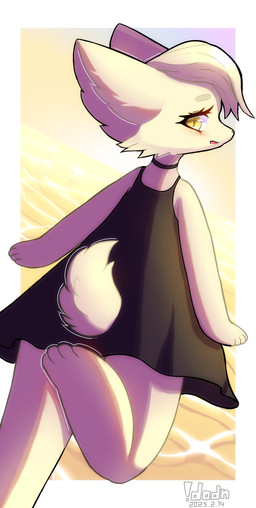 anthro beach black_clothing black_dress blush choker circle_eyebrows clothing dress eyebrows female fluffy fur fur_tuft hair jewelry kemono necklace short_hair short_tail solo tail tan_body tan_ears tan_fur tan_hair tuft yellow_eyes !dodn hazuki_mikami_(hasukii) canid canine mammal absurd_res hi_res