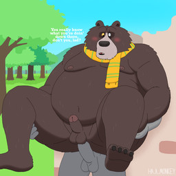 anal anal_penetration anthro blush carrying_another carrying_partner dialogue duo eye_scar faceless_character faceless_male facial_scar forest forest_background from_behind_position fur genitals male male/male mostly_nude nature nature_background nipples outside outside_sex overweight overweight_bottom overweight_male penetration penis plant scar scarf scarf_only sex text tree ha_a_monkey dreamworks puss_in_boots_(franchise) shrek_(series) papa_bear_(puss_in_boots) bear mammal 1:1 english_text hi_res