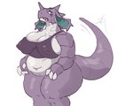 anthro belly big_breasts bodily_fluids breasts claws cleavage clothed clothing crossgender female horn long_tail navel nipple_outline overweight overweight_anthro overweight_female purple_body sharp_teeth simple_background solo sweat sweatdrop tail teeth thick_thighs white_background white_body wide_hips bellyscruff nintendo pokemon generation_1_pokemon nidoking pokemon_(species) 2023 hi_res