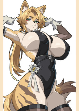:< alternate_costume animal_ears anthro armwear big_breasts black_clothing black_legwear black_leotard black_thigh_highs breasts cat_tail cleavage clothed clothing elbow_gloves female fluffy fluffy_tail fur glistening glistening_body glistening_skin gloves green_eyes hair handwear huge_breasts inner_ear_fluff legwear leotard long_hair looking_at_viewer low_ponytail mouth_closed multicolored_body multicolored_fur ponytail pose raised_arms side_boob simple_background solo standing tail thick_thighs thigh_highs tuft unsure white_clothing white_gloves white_handwear yellow_body yellow_fur potatoartox mihoyo nier_automata platinumgames stellar_blade zenless_zone_zero pulchra_fellini felid feline mammal thiren absurd_res hi_res pillarbox