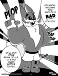 2021 absurd_res anthro bolt_bunny bottomwear clothed clothing comic dialogue electronics english_text eyes_closed hand_behind_back hi_res lagomorph lecture lecturing leporid lightning_bolt long_ears male mammal monkeymuku monochrome muscular muscular_anthro muscular_male onomatopoeia open_mouth public_service_announcement rabbit raised_finger shirtless shorts smile solo sound_effects speech_bubble television text topless topless_male url