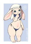 anthro big_ears blue_background blue_eyes blush clothing embarrassed female flat_chested short_stack simple_background solo swimwear thick_thighs kee_mitt final_fantasy final_fantasy_xiv final_fantasy_xiv:_endwalker square_enix lagomorph loporrit mammal hi_res