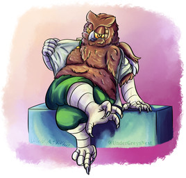 anthro back_wings beak bedroom_eyes belly big_belly bottomwear brown_body brown_feathers cheek_tuft claw_fingers claws clothing crossed_legs facial_tuft fat_rolls feathers feet fluffy fluffy_chest gradient_background half_naked looking_at_viewer male moobs narrowed_eyes overweight overweight_male pants presenting removing_shirt seductive simple_background sitting solo suggestive_pose suspenders talon_hands talons text toe_claws toes tuft undressing wings undergreysnest dungeons_and_dragons hasbro wizards_of_the_coast barbertos_troulasorn_(undergreysnest) avian bird great_horned_owl horned_owl owl owlin true_owl 2025 colored dated english_text hi_res shaded signature watermark