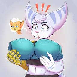 anthro blue_eyes bra clothing cybernetic_arm cybernetic_limb exclamation_point eyebrows eyelashes female fur holding_bra holding_clothing holding_object holding_underwear midriff open_mouth solo striped_body striped_fur stripes thought_bubble underwear dan_scarf ratchet_and_clank sony_corporation sony_interactive_entertainment angela_cross rivet_(ratchet_and_clank) lombax mammal 2025 absurd_res hi_res pictographics