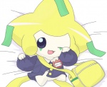 ambiguous_gender bag bottomless chibi clothed clothing eye_rub jacket looking_at_viewer lying on_back one_eye_closed open_mouth rubbing_eyes smile solo topwear wadorigi nintendo pokemon generation_3_pokemon humanoid jirachi legendary_pokemon pokemon_(species)