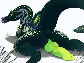 animal_genitalia animal_penis anus big_penis butt feral genital_slit genitals grass green_body green_penis licking male penis plant raised_tail rear_view scales simple_background solo tail tongue tongue_out vein veiny_penis owishka mythology dinosaur mythological_creature mythological_scalie prehistoric_species reptile saurischian scalie spinosaurid spinosaurus theropod hi_res