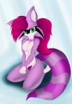 anthro biped black_nose breasts collar female fur green_eyes hair looking_at_viewer nipples pink_body pink_fur pink_hair pubes sitting solo neronova waccoon mammal procyonid raccoon