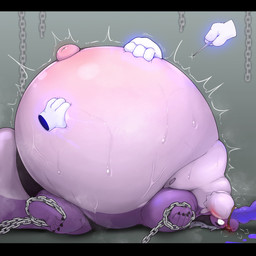 anthro arm_grab arms_tied belly belly_grab belly_inflation big_belly blush bodily_fluids bound chain clothing constricted_pupils countershading disembodied_hand grey_background hand_on_belly horn hose hose_in_mouth huge_belly hyper hyper_belly imminent_popping inflation legs_tied liquid_inflation liquid_on_ground male moobs motion_lines muzzle_(object) muzzled navel navel_popping nipples outie_navel pupils purple_body purple_liquid questionable_consent sewing_needle simple_background small_pupils solo sweat sweating_profusely tail thick_tail underwear vein veiny_belly wide_eyed novtoon mythology lesco_(grape_derg) dragon mythological_creature mythological_scalie scalie 1:1 2026 digital_drawing_(artwork) digital_media_(artwork) hi_res letterbox