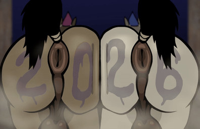 animal_genitalia anus ass_up backsack balls big_anus big_balls body_writing brown_body butt celebration clothing duo ears_up equine_anus equine_genitalia feral fur genitals hat headgear headwear male male/male party_hat presenting presenting_anus presenting_hindquarters puffy_anus quadruped rear_view tail tan_body thick_thighs writing_on_butt chunkolilt new_year_2026 equid equine horse mammal animated