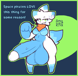 anthro balls belly big_balls big_hands big_penis blue_body blue_fur border breasts dialogue eyelashes facial_markings fur genitals gesture green_border green_eyes gynomorph hair hand_gesture head_markings huge_balls huge_penis hyper hyper_genitalia hyper_penis intersex kerchief kerchief_only looking_at_viewer markings mask_(marking) mostly_nude multicolored_body multicolored_fur navel neckerchief neckwear outline penis pointing pointing_at_penis solo text white_body white_fur sepiakfox blu_(blucrystalbean) ahoriyan english_text