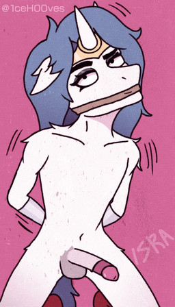 anthro arms_tied balls biped blue_hair bound bracelet circumcised circumcision_scar erection fur genital_scar genitals glans hair horn humanoid_genitalia humanoid_penis jewelry looking_at_viewer makeup male male_anthro mascara penis scar simple_background solo tied_mouth trapped white_body white_fur 1ce_h00ves mythology equid equine mammal mythological_creature mythological_equine unicorn absurd_res digital_media_(artwork) hi_res