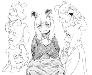 2_horns accessory anthro blep blush blush_lines bodily_fluids clothed clothing crying cute_fangs eyewear fangs floppy_ears front_view fur glasses hair_accessory hair_ribbon hands_behind_back horn kneeling looking_at_viewer male pawpads pink_eyes ribbons scarf smile smiling_at_viewer snout solo tears tears_of_joy teeth tongue tongue_out wearing_glasses white_body white_fur mengmang777 deltarune undertale_(series) ralsei bovid caprine darkner goat mammal 2026 digital_drawing_(artwork) digital_media_(artwork) expression_sheet greyscale hi_res monochrome multiple_images portrait three-quarter_portrait
