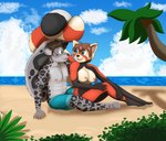 anthro beach breasts clothing female male palm_tree plant seaside sky solo swimming_trunks swimwear tree kanrod_stavoyan candice_(kanrodstavoyan) ailurid felid mammal pantherine red_panda snow_leopard