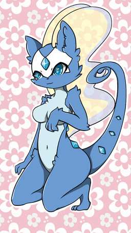 anthro breasts female looking_at_viewer non-mammal_breasts simple_background solo 9air nintendo pokemon aurorus felid fossil_pokemon generation_6_pokemon hybrid mammal pokemon_(species) scalie 2015 9:16 hi_res