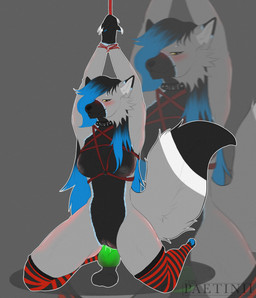 anthro bdsm belly black_belly black_collar black_hair black_hands black_nose blue_hair blush bodily_fluids bondage bound breasts claws clothing collar dildo dildo_in_vagina dildo_insertion female fur genital_fluids genitals green_dildo grey_body grey_fur hair hand_above_head hands_above_head hands_tied harness legwear logo long_hair looking_at_viewer masturbation mouth_closed multicolored_hair nipples nude nude_anthro outline pattern_clothing pattern_legwear pattern_stockings paws penetration raised_arms red_harness restraints riding_dildo rope rope_bondage rope_harness sex_toy sex_toy_in_vagina sex_toy_insertion simple_background slut_collar solo stockings striped_clothing striped_legwear striped_stockings stripes tail text text_on_collar thick_thighs vaginal vaginal_masturbation vaginal_penetration vulva white_claws yellow_eyes paetinii pati_(paetinii) canid canine canis mammal wolf 2026 absurd_res artist_logo artist_name digital_drawing_(artwork) digital_media_(artwork) hi_res