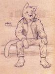 anthro biped claws clothed clothing fur jacket male sitting solo topwear weers figo domestic_cat felid feline felis mammal 2018 black_and_white monochrome signature traditional_media_(artwork)