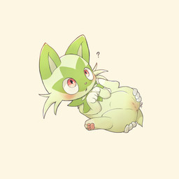 anus blush cheek_tuft confusion disembodied_hand duo facial_tuft female feral fur genitals green_body green_eyes green_fur legs_up neck_tuft open_mouth paw_pose pawpads paws pink_nose pink_pawpads pose presenting presenting_vulva question_mark raised_paw red_eyes simple_background solo_focus spread_legs spreading tuft vulva white_background white_hands kjh_22 nintendo pokemon felid feline generation_9_pokemon mammal pokemon_(species) sprigatito 1:1 2026 absurd_res colored digital_drawing_(artwork) digital_media_(artwork) hi_res signature