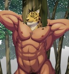 abs animal_head biceps big_muscles deity fangs felid for_a_head fur guin guin_saga humanoid jaguar looking_at_viewer male mammal muscular muscular_male nipples nude pantherine pecs plant pubes royalty solo teeth tree unknown_artist whiskers wood yellow_eyes